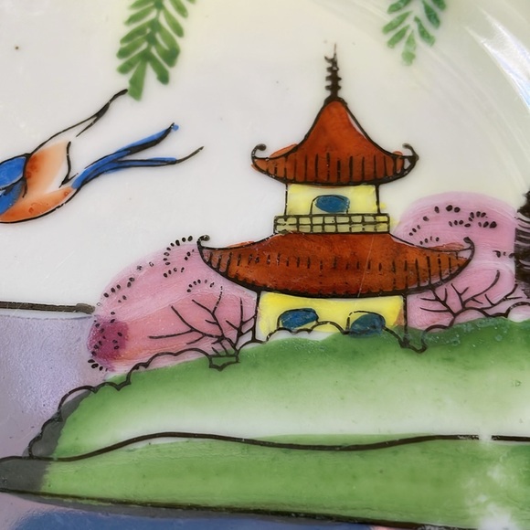 VTG set of 4 lusterware porcelain Japan plates pagoda birds scene - Picture 7 of 10